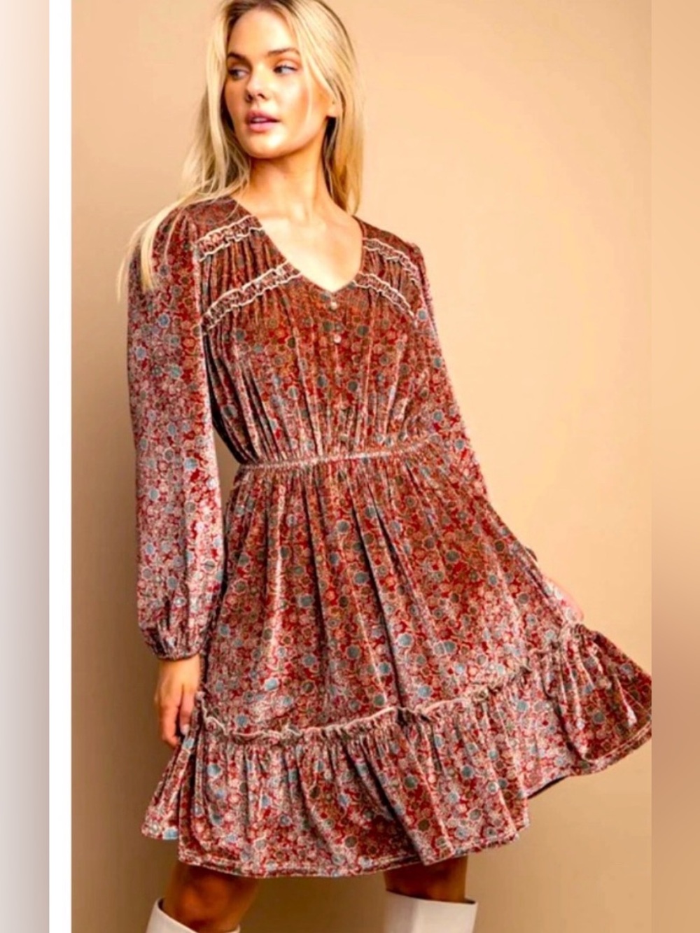 NWT - Gigio Floral Printed Velvet Button Front Dress- Faded Maroon